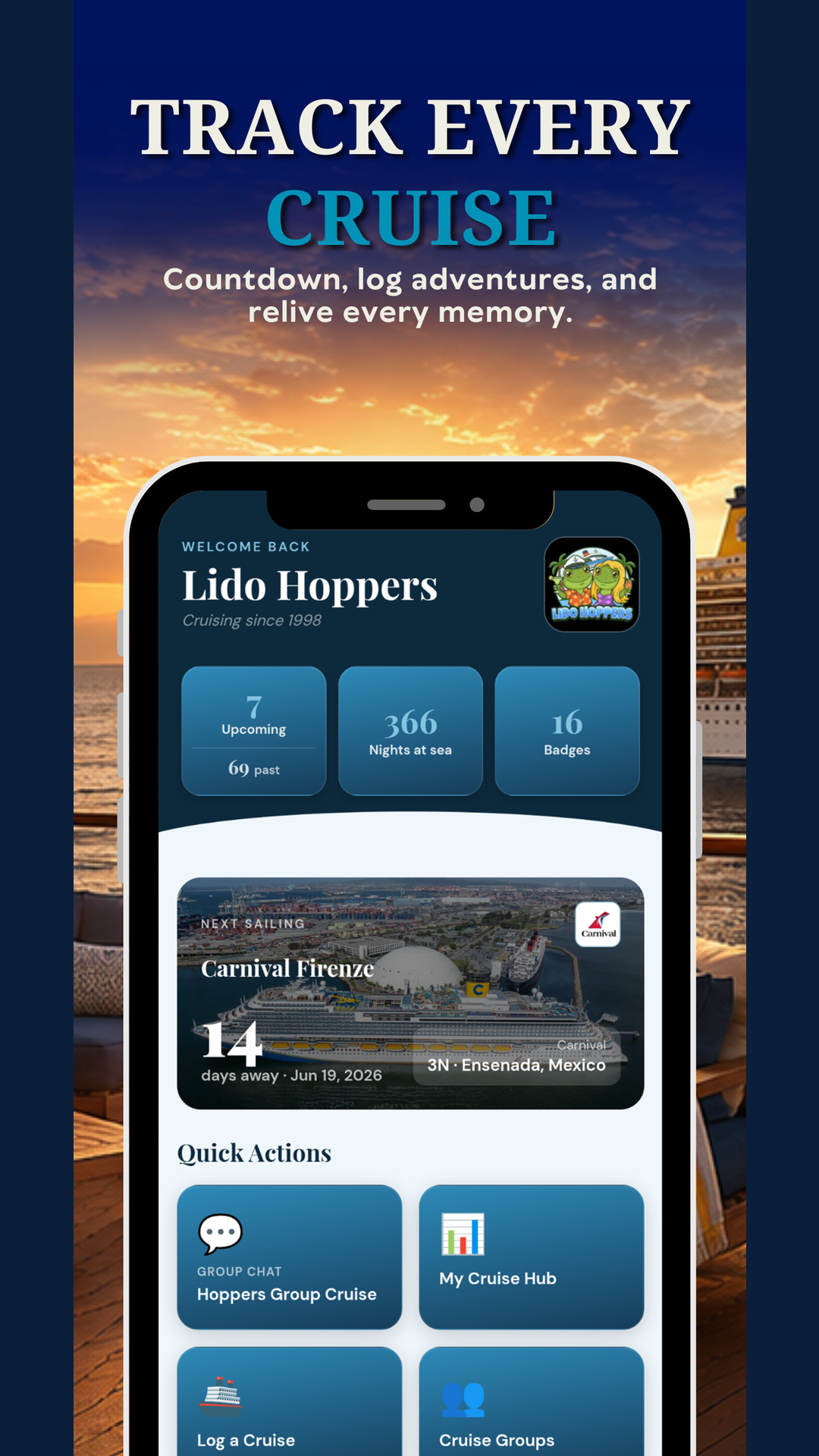 Track every cruise — home screen with countdown