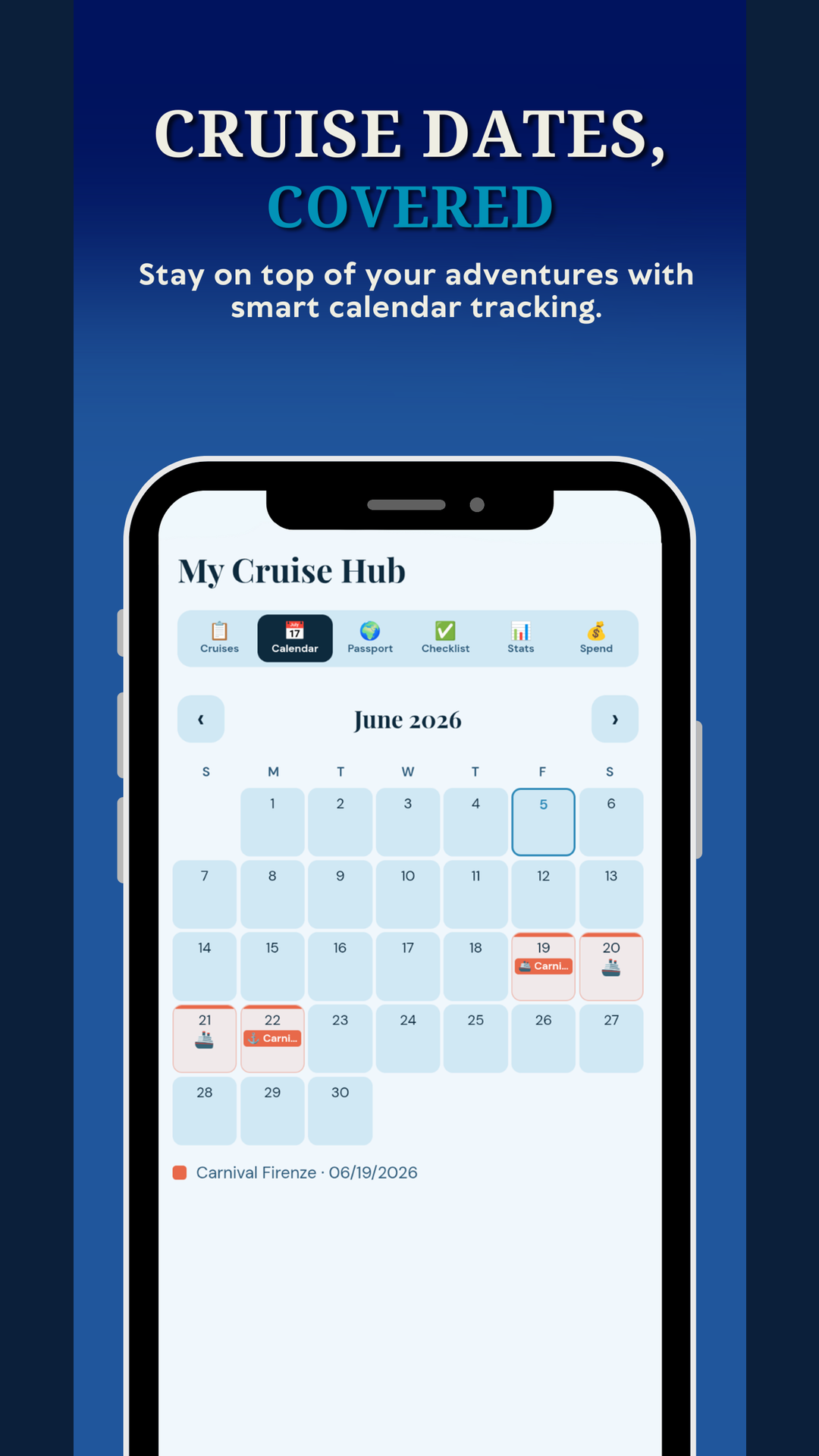 Cruise Calendar showing a sailing's dates and a day sheet for adding events