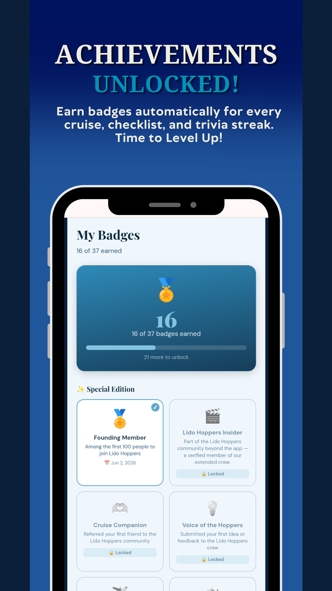 Badge collection screen showing earned badges and progress toward the next tier
