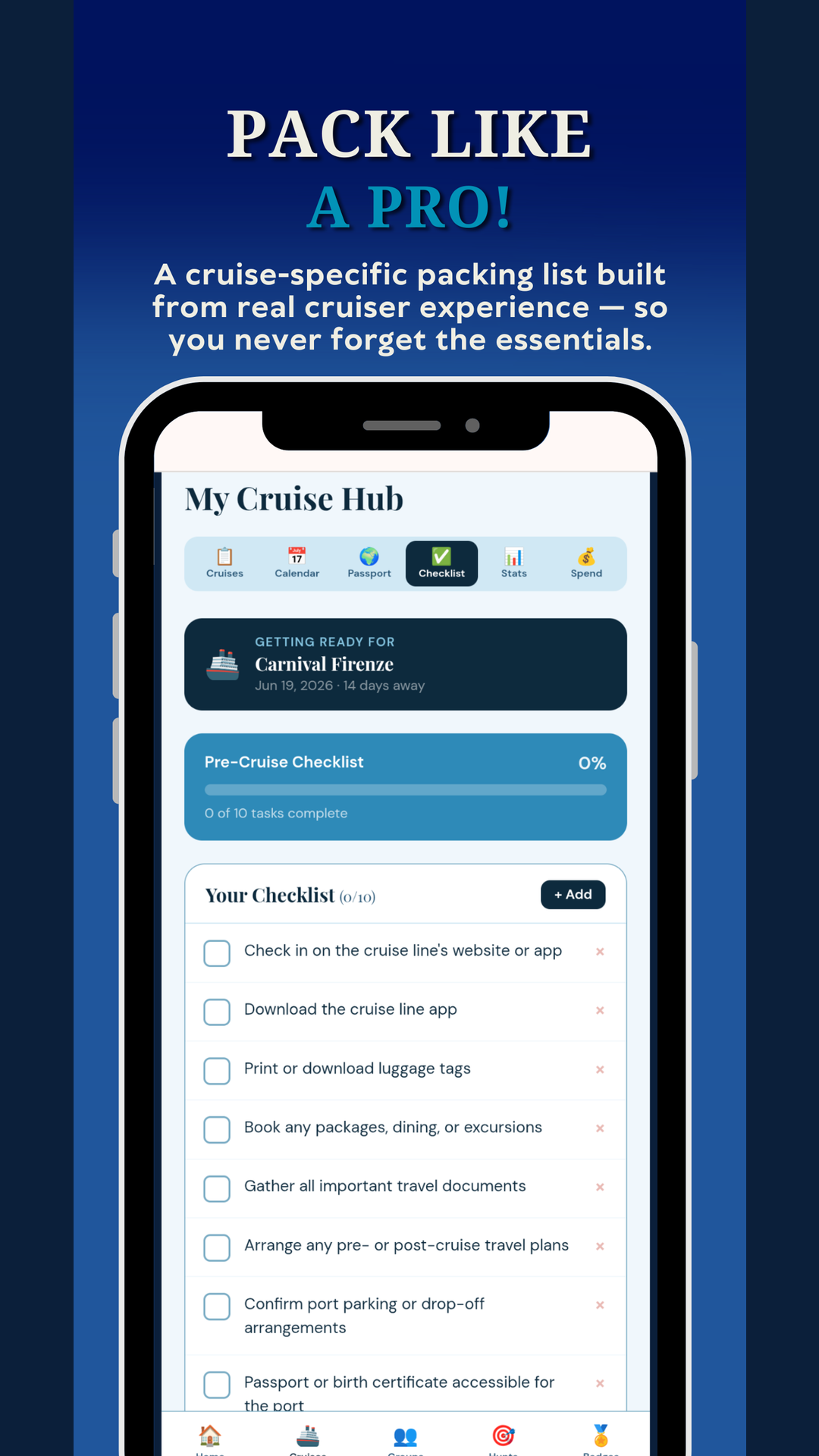 Packing list and pre-cruise checklist organized by category