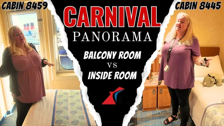 christina standing in a balcony room and a inside room with title text showing cabin numbers and carnival panorama balcony room vs inside room split tearing down the middle