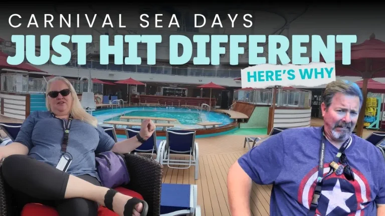 tony and christina sitting in the foreground making faces in front of the pool area, the words Carnival Sea Days Just Hit Different, Here's Why appear as a title.