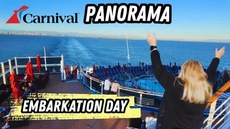 christina facing carnival main deck with her hands in the edge. Title text says carnival panorama, embarkation day