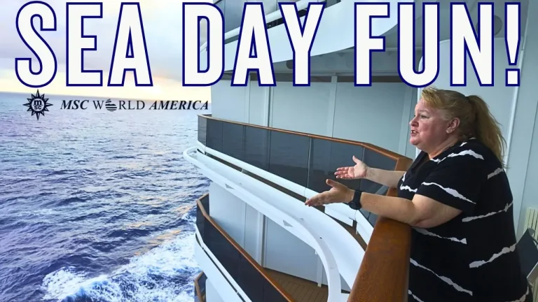 Christina is standing on the balcony of the MSC World America on a sea day.
