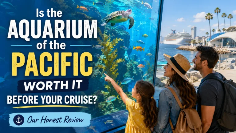 aquarium of the pacific blog post thumbnail displays an AI-generated image of a family looking at a very large reef tank with a Carnival cruise ship in the background. Text overlay says, "Is the Aquarium of the Pacific worth it before your cruise? Our honest review."